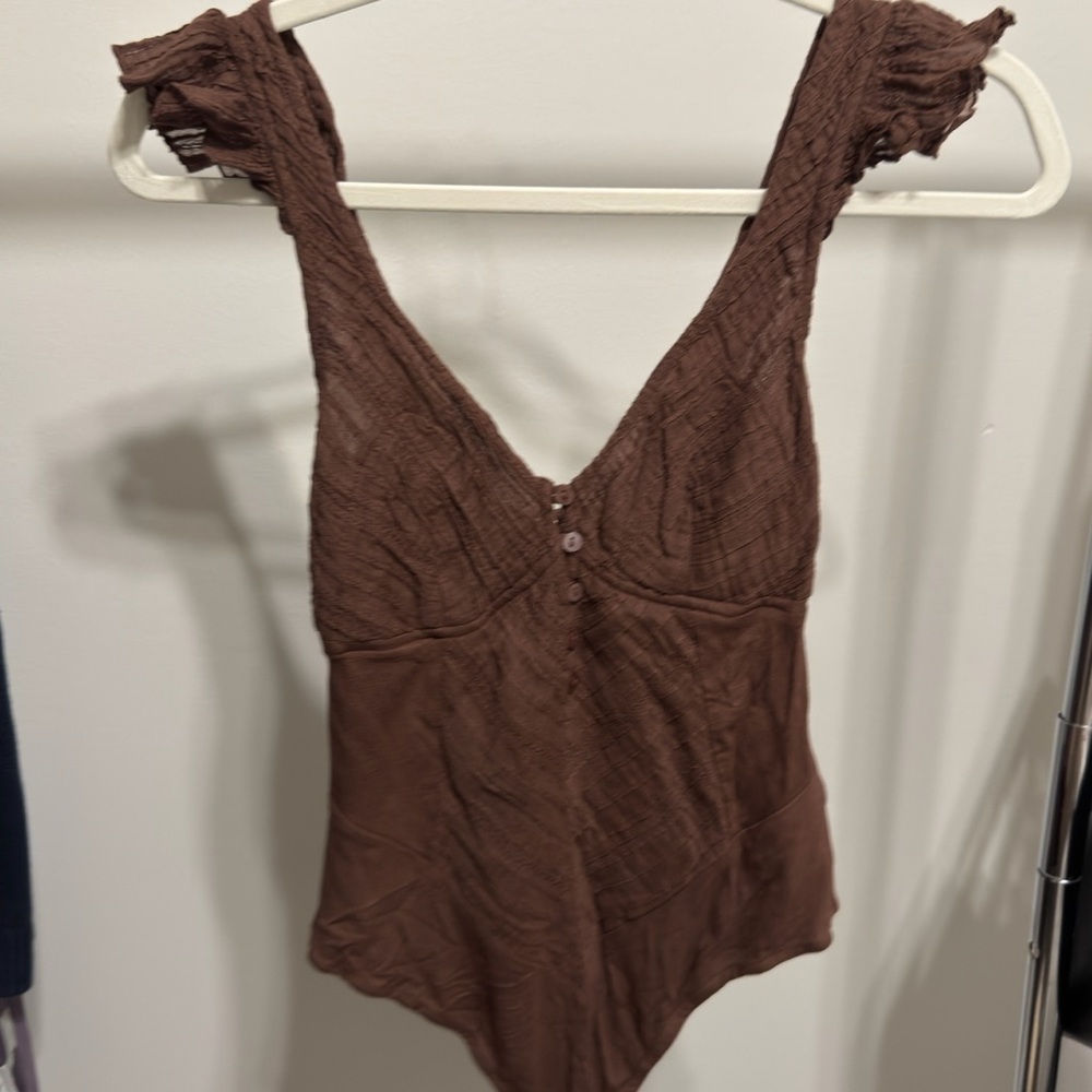 Free People Brown Ruffled Fitted Bodysuit